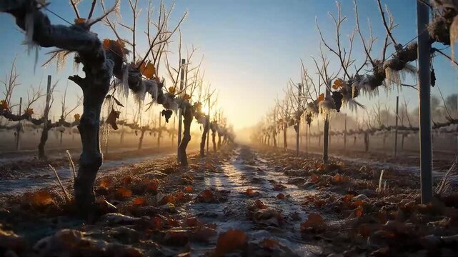 Vineyard rows are beautifully coated in shimmering frost and delicate icicles as the golden light of a winter sunrise breaks through the misty morning air.