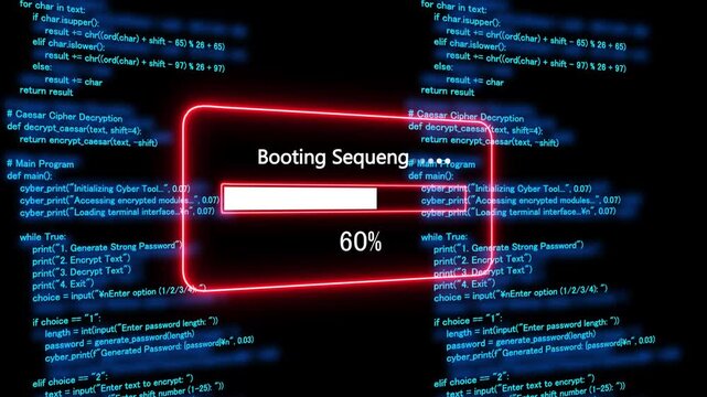 Teal booting sequent Progress Bar on a Background of Computer Code loading programming. 4k animation 