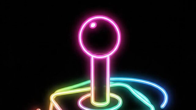 Vibrant neon glowing retro arcade joystick controller on a dark background