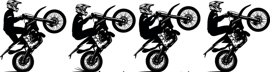 Black silhouette motocross rider performing wheelie stunt on dirt bike, extreme motorbike action illustration for racing, speed, adrenaline, motorsport and off road design © SreeShontusChandra