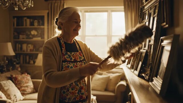 Smiling woman dusts frames