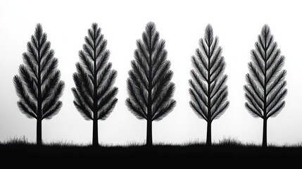 Obraz premium Five stylized feather-like tree silhouettes in a serene monochrome row above grassy ground