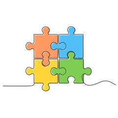 Fototapeta premium Four colorful puzzle pieces connected by a single line