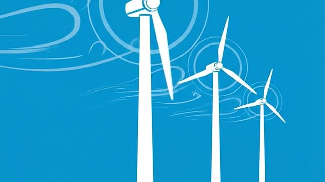 Wind turbines generating clean energy against a vibrant blue background