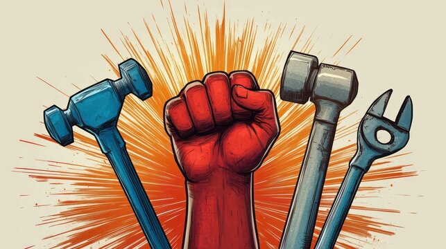 Red raised fist between two hammers and a wrench with explosive orange burst background conveying strength solidarity and determined defiance