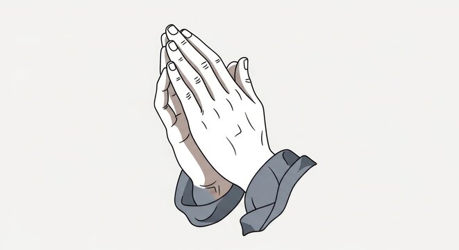 Illustration of hands clasped together in a peaceful praying gesture on a light grey background, expressing hope and spirituality