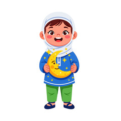 Fototapeta premium Happy Muslim Girl Holding a Crescent Moon for Eid alFitr Celebration.