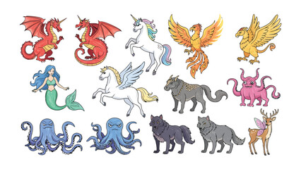 Naklejka premium Whimsical Creatures Ensemble: A charming assortment of mythical creatures including dragons, unicorns, phoenixes, mermaids, and more, offering a touch of fantasy and enchantment. 