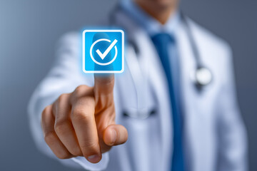 A doctor in white coat touching a futuristic digital interface with blue check mark icon, modern hospital background, represents modern healthcare technology, digital and efficient hospital services