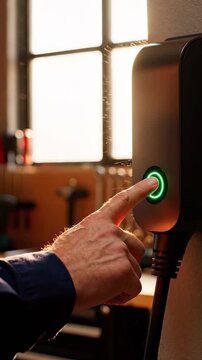 Hand pressing button on electric car wallbox charger in garage. Man activates ev charger at home. Green energy station starts charging. Finger pushes button on wallbox. He uses garage technology.