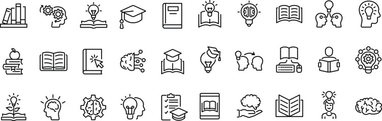 Set of outline icons related to knowledge. Linear icon collection. Editable stroke. Vector © hadidesign