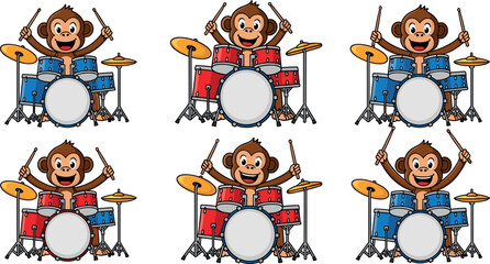 Funny cartoon monkey playing drums illustration set, cute animal musician with drum kit for kids entertainment, music education, nursery decor and playful character design © SreemotiArponaBala