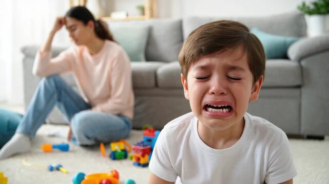 Child crying with frustrated parent in background, family stress, household challenges, parenting difficulties, emotional tension, overwhelmed mother, childhood tantrums, indoor upset scene