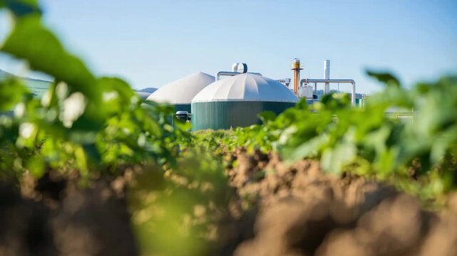 Biogas plant in rural farmland, renewable bioenergy from agricultural biomass feedstock, sustainable biomethane production facility, anaerobic digestion domes behind green crop field