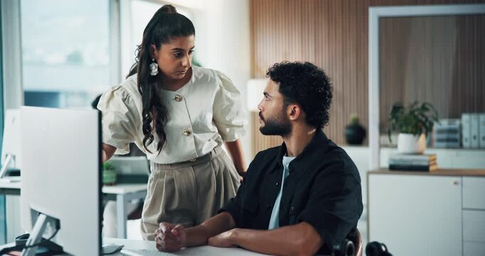 Computer, discussion and business people in office with feedback, advice or review on creative project. Meeting, technology and magazine editor with manager for planning article publishing at agency.