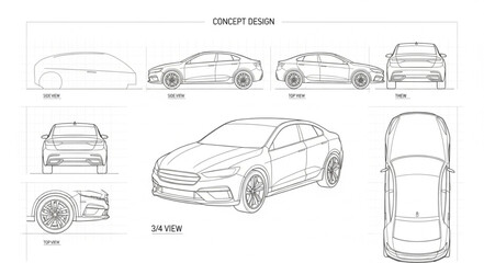 Car Blueprint Technical Drawing Illustration.