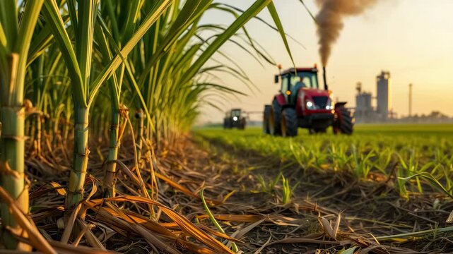 Modern sugarcane farming with mechanized harvesters near biorefinery complex showcasing advanced bioenergy production sustainable fuel innovation agro industrial growth low carbon energy transition