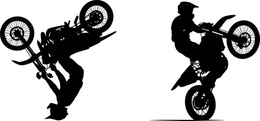 Motorcycle stunt rider silhouette performing extreme wheelie and freestyle trick, motocross action sport concept, black isolated biker shape, dynamic motion, adrenaline lifestyle illustration © SreemotiArponaBala