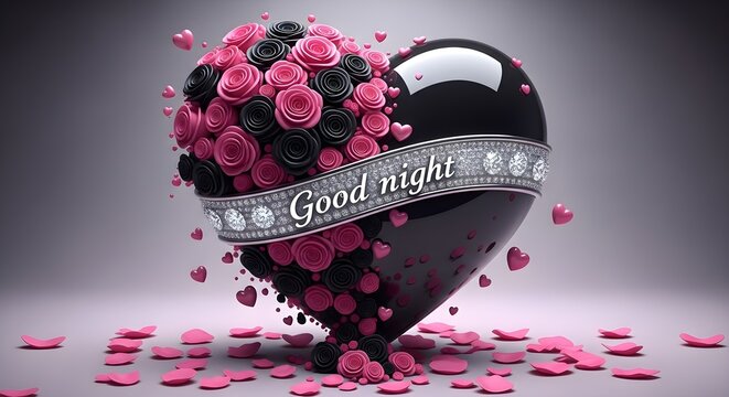 Glossy black heart shape adorned with a silver ribbon featuring the text "Good night" and sparkling diamonds, surrounded by numerous small pink and black roses