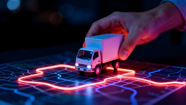 Mini truck on glowing map route