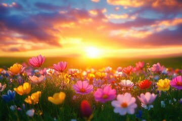 Fototapeta premium sunlit wildflower meadow at golden sunset with colorful blooms, dramatic cloud-filled sky and warm glowing light evoking peaceful, joyful serenity