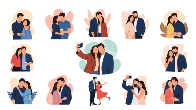 Collection of romantic couples showing affection, including hugs, kisses, and selfies, depicting love and relationships in various poses.
