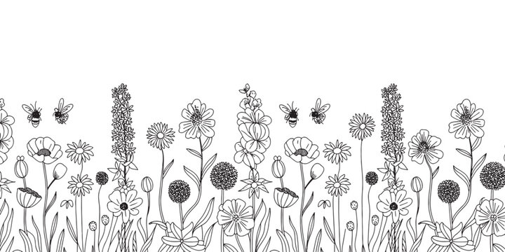 Black Sketch of Flowers Isolated on White Background. Set of flowers vector illustration of a plant .elements including blooming flowers,buds, leaves, stems, and small botanical branches. vectordesign