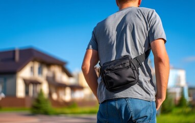 Fototapeta premium Person Standing Outdoors with Compact Camera Bag