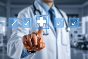 A doctor in white coat touching a futuristic digital interface with blue check marks and medical cross icon, modern hospital background, represents modern healthcare technology