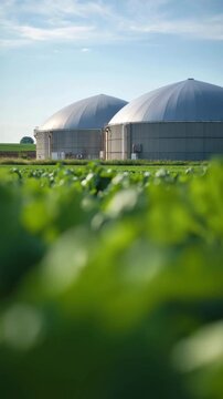 Modern biogas plant in rural farmland landscape, stainless steel digesters behind green crop field, renewable methane production from agriculture biomass