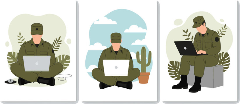 Military personnel in uniforms using laptops outdoors with foliage, cactus, and block seating representing digital technology integration and remote operations