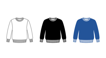 Long Sleeve Sweatshirt and Pullover Sweater Icon Set in Outline, Solid Black, and Blue Styles for Winter Apparel and Casual Wear © Adeel visual studio