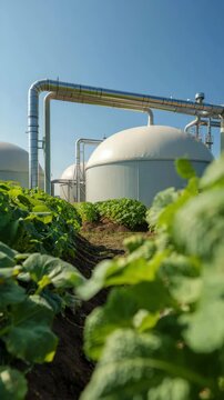 Biogas plant with lush vegetation in foreground, anaerobic digestion technology, advanced renewable energy systems, sustainable agriculture practices, eco-conscious design, organic waste valorization
