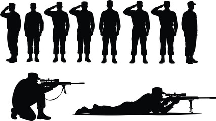 Vector illustration of military soldier silhouettes in formation saluting with rifles, kneeling and prone shooting positions, tactical combat discipline scene © anisur-creatives