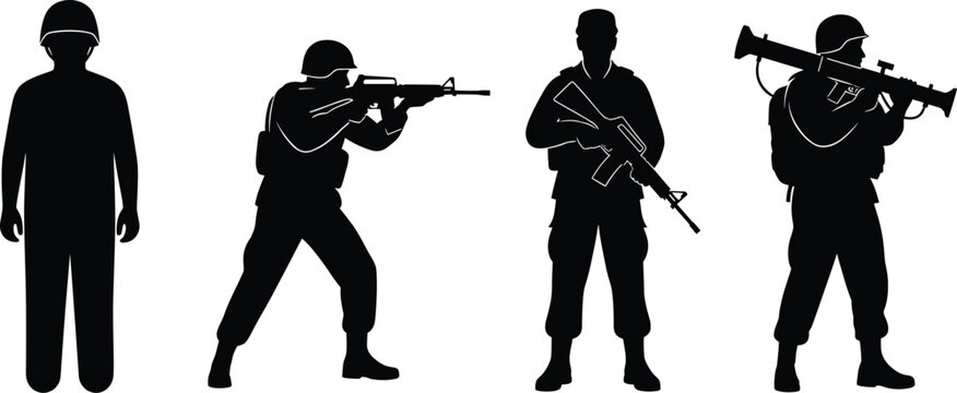 Vector illustration of military soldier silhouettes with rifle, rocket launcher, helmet, combat poses, army equipment, and tactical defense scene