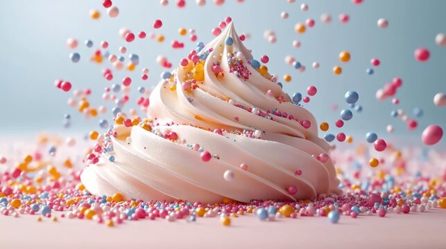 pastel pink whipped frosting swirl topped with colorful round sprinkles and falling candy confetti, playful joyful celebration