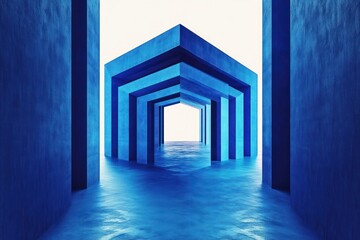 Fototapeta premium symmetrical blue concrete passage with repeating pentagonal frames over reflective water-like floor leading to bright opening, calm and mysterious mood