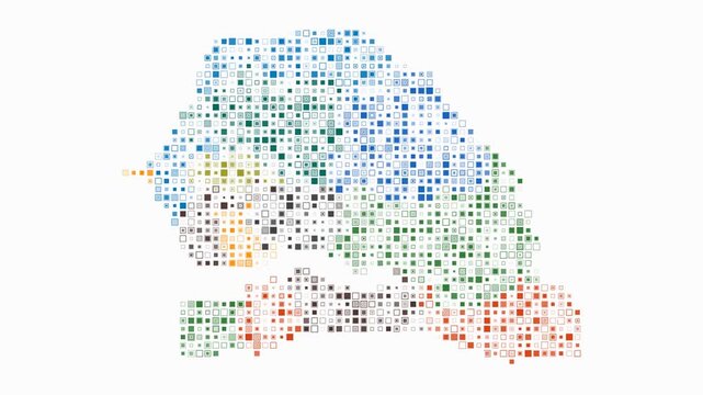 Senegal animation. Shape of the country with pulsating colored dots. Small size square blocks. Digital style Senegal map on white background. Stylish video.