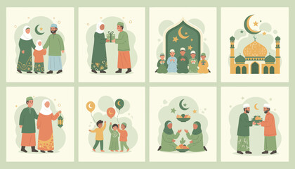 Eid Mubarak Celebration - Family, Mosque, and Festive Greetings.