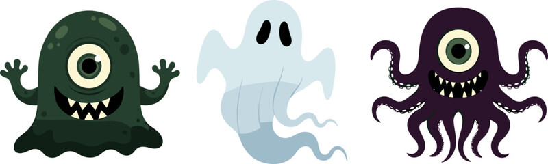 Cartoon monster characters illustration, fantasy horror concept art with cyclopean eye, ghostly figure, octopus tentacle creature, surreal nightmare design for creative projects © MSTESMOTARA