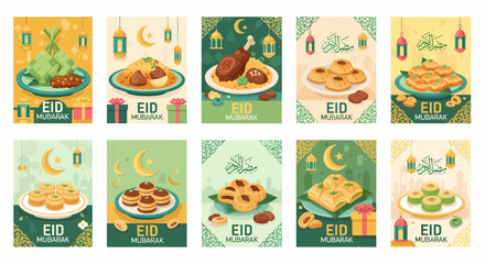 Eid Mubarak Food Illustrations - Traditional Dishes and Festive Treats.