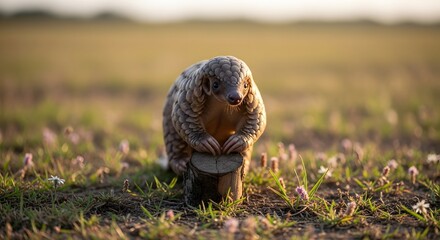 Obraz premium Small pangolin standing on a tree stump in a flower field