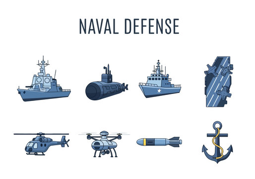 Collection of naval defense vehicles and equipment including ships, submarines, helicopters, drones, and torpedoes
