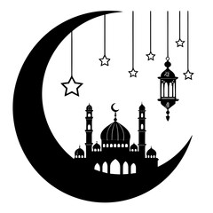 A black and white image of a mosque under a crescent moon and stars Vector © md