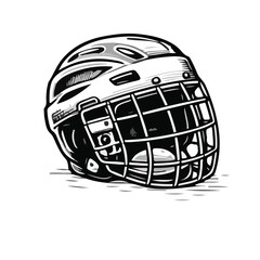 Detailed black and white hand-drawn illustration of a classic ice hockey helmet with full face cage and visor, vintage engraving style, sports equipment clipart, isolated on white.