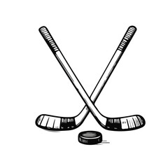 Vintage engraved illustration of two crossed wooden hockey sticks with tape wrapped blades, classic sports symbol, black and white line art, isolated hockey equipment clipart.