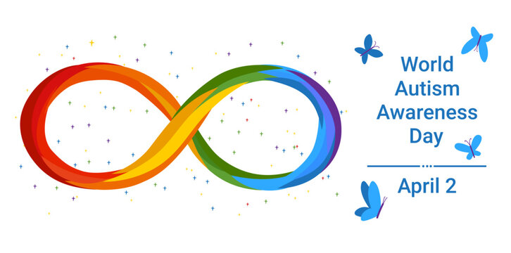 World Autism Awareness Day horizontal banner. Rainbow infinity symbol and blue butterflies on white background. Neurodiversity concept. Bright flat vector illustration for April 2 campaigns