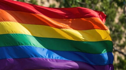 Fototapeta premium Bright rainbow flag waving in sunny outdoor setting with green foliage background.