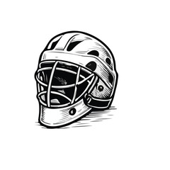 Intricate hand-drawn ice hockey goalie mask with cage and detailed design, protective sports headgear, black and white vintage engraving style, isolated clipart.