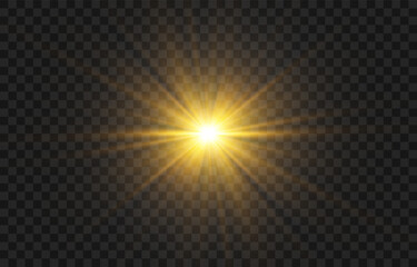 Golden sun flare light effect with lens flare and sparkles isolated on transparent png background, vector illustration
